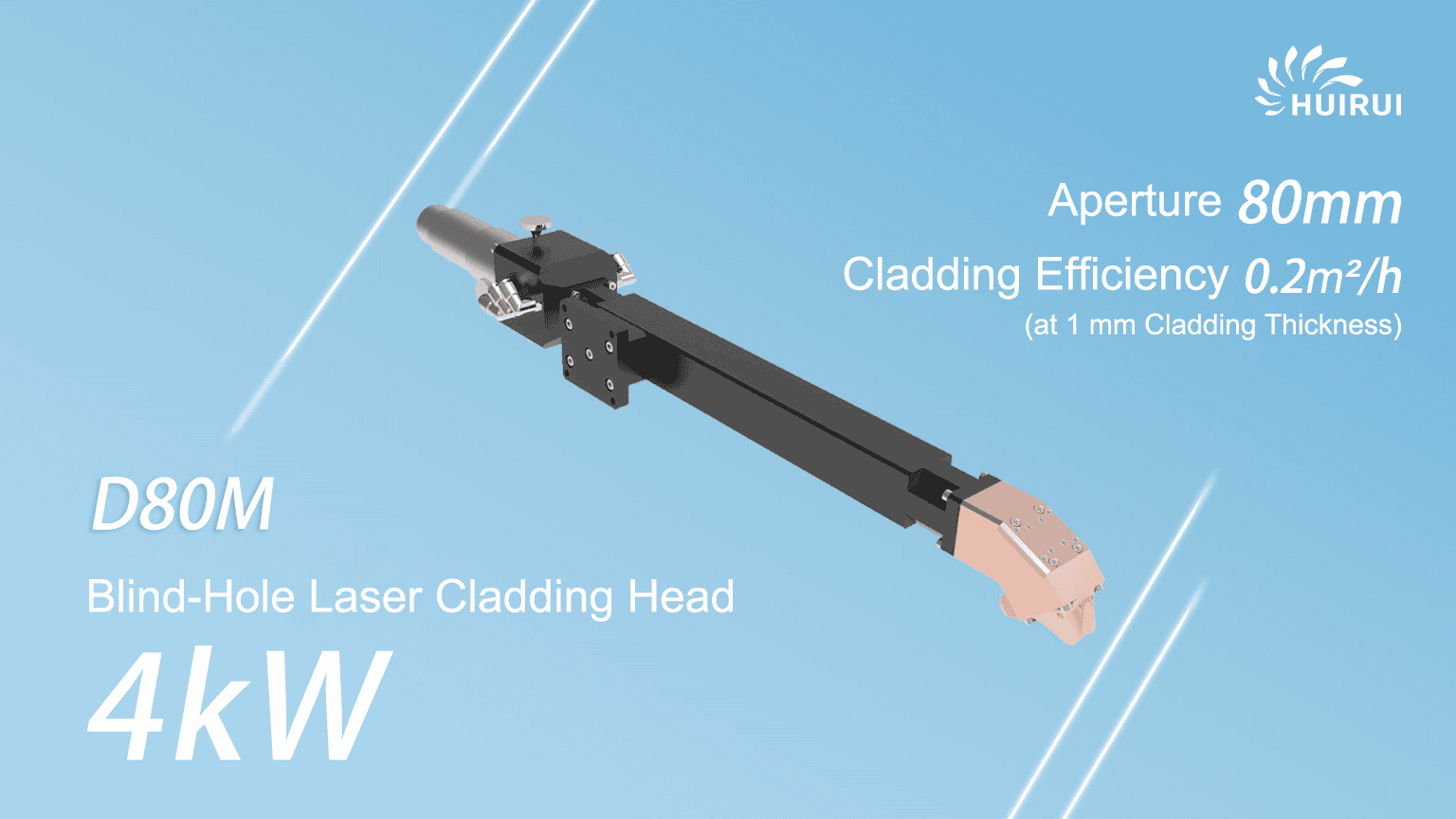 Huirui-Laser D80M pimedate aukudega laserkattepea – võimsus 4 kW, ava 80 mm, katte efektiivsus 0.2 m²/h (1 mm kattekihi paksuse korral)