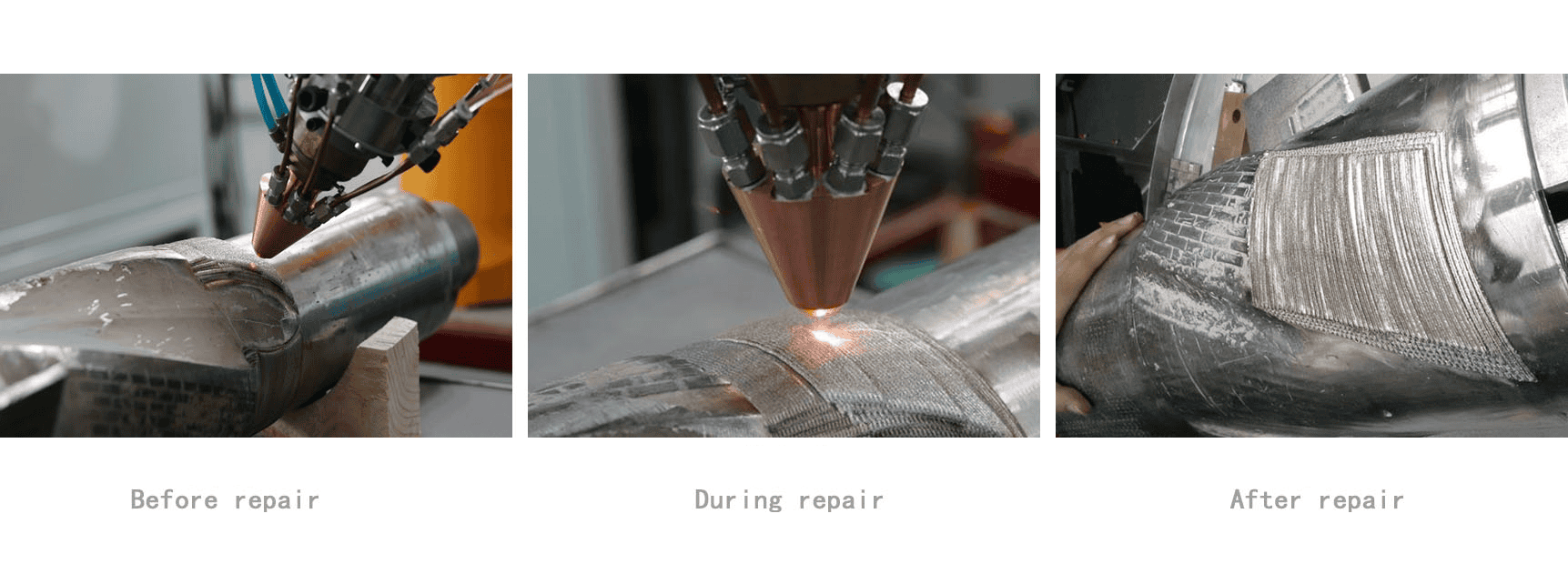 Huirui-Laser's iLAM+® series large-format robotic laser cladding equipment before, during, and after processing